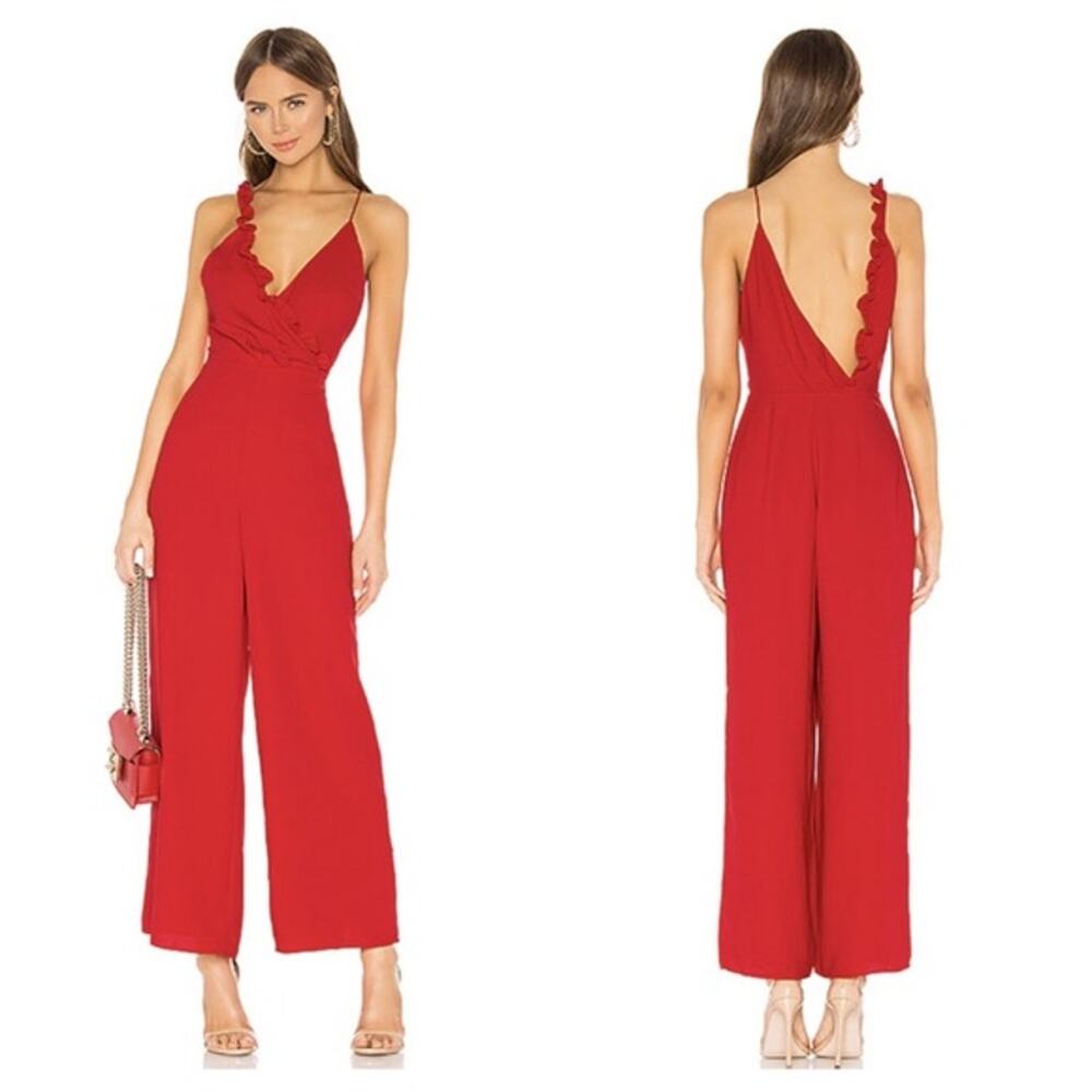 Keepsake the Label | Forget You Cherry Red Ruffle Cami Wide Leg Jumpsuit